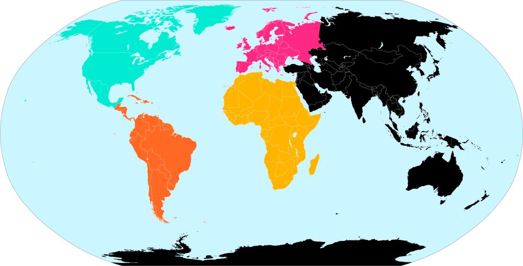 Carte du monde montrant quelle couleur va pour chaque région, comme expliqué dans le paragraphe précédent.