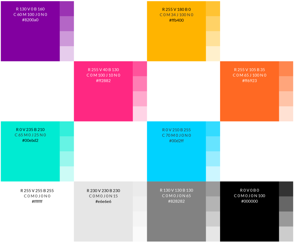 Exemple des dix couleurs utilisées avec leurs codes hexadécimal et CMJN.